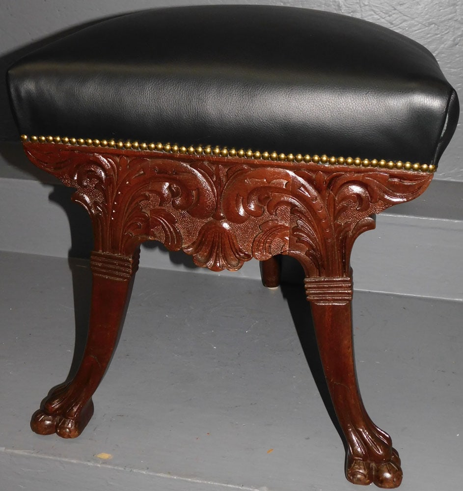 Antique Carved Mahogany Leather Upholstered Top Three Leg Stool With Claw Feet (1 of 6)