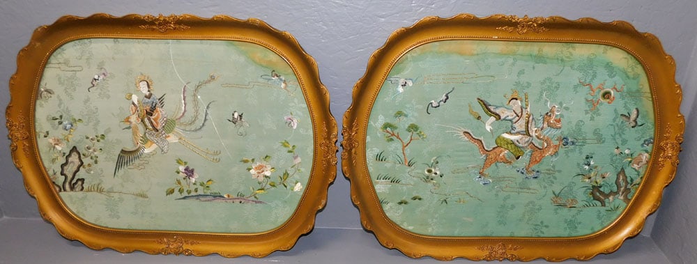 Pair Oriental Silk Embroideries (Broken Glass In One) (1 of 7)
