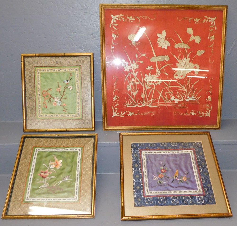 Lot Four Framed Chinese Silk Embroideries: Lot Four Framed Chinese Silk Embroideries. Up to 20 1/2" x 21" ALL DESCRIPTIONS AND ANY CONDITION STATEMENT GIVEN BY LANGSTON AUCTION GALLERY ARE STRICTLY OPINIONS AND LANGSTON'S SHALL HAVE NO RESPONS
