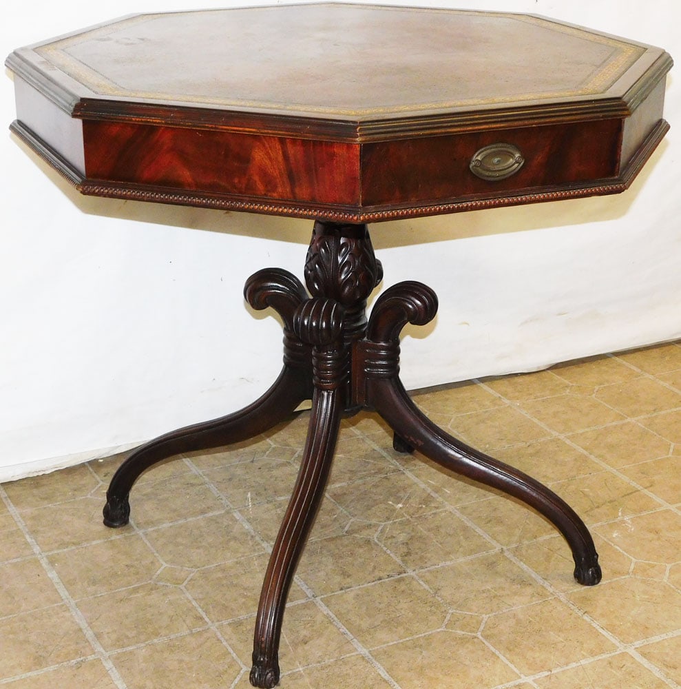 Carved Mahogany Pedestal Leather Top 2 Drawer Drum Table (1 of 4)