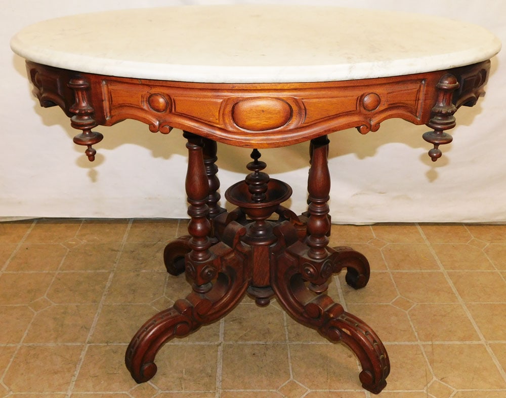 Antique Oval Carved Walnut Victorian Marble Top Lamp Table (1 of 4)