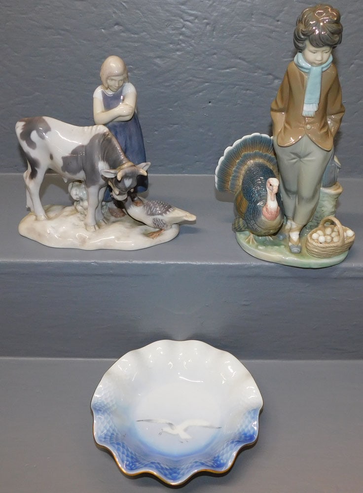 1 Lladro Figurine, 1 Copenhagen Bowl, & 1 Denmark Figurine: 1 Lladro Figurine, 1 Copenhagen Bowl, & 1 Denmark Figurine. 10" H ALL DESCRIPTIONS AND ANY CONDITION STATEMENT GIVEN BY LANGSTON AUCTION GALLERY ARE STRICTLY OPINIONS AND LANGSTON'S SHALL HAVE NO RESP
