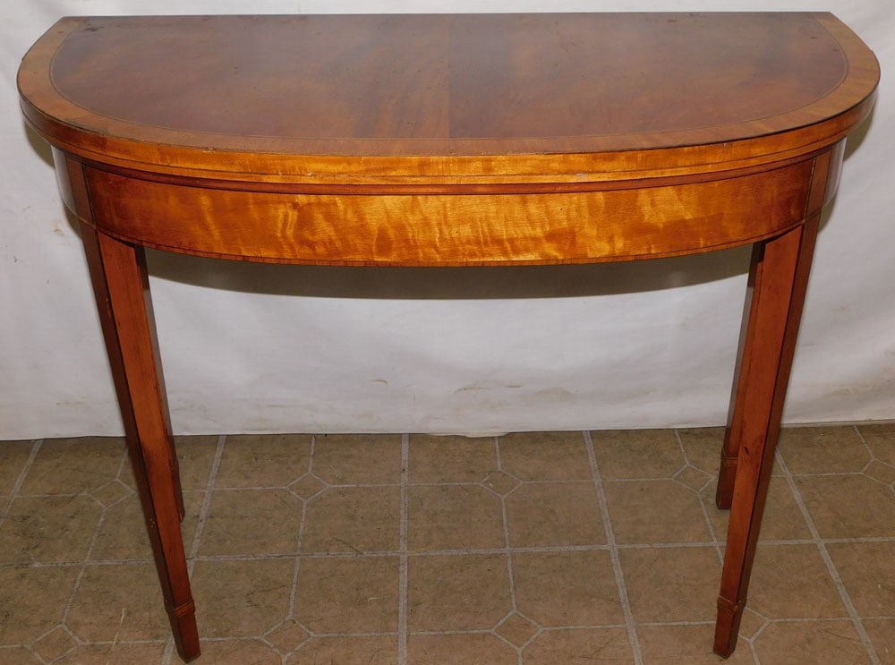 Mahogany Satinwood Demi-Lune Fold Over Top Tooled Leather Top Game Table (1 of 6)