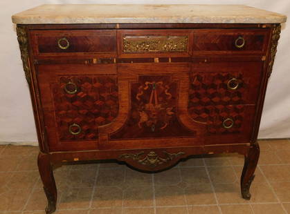 French Antique Rose Wood Inlay Marble Top Commode With Brass Ormolu: French Antique Rose Wood Inlay Marble Top Commode With Brass Ormolu. 39 1/4" W 19 1/4" D 34 1/4" H ALL DESCRIPTIONS AND ANY CONDITION STATEMENT GIVEN BY LANGSTON AUCTION GALLERY ARE STRICTLY OPINIONS