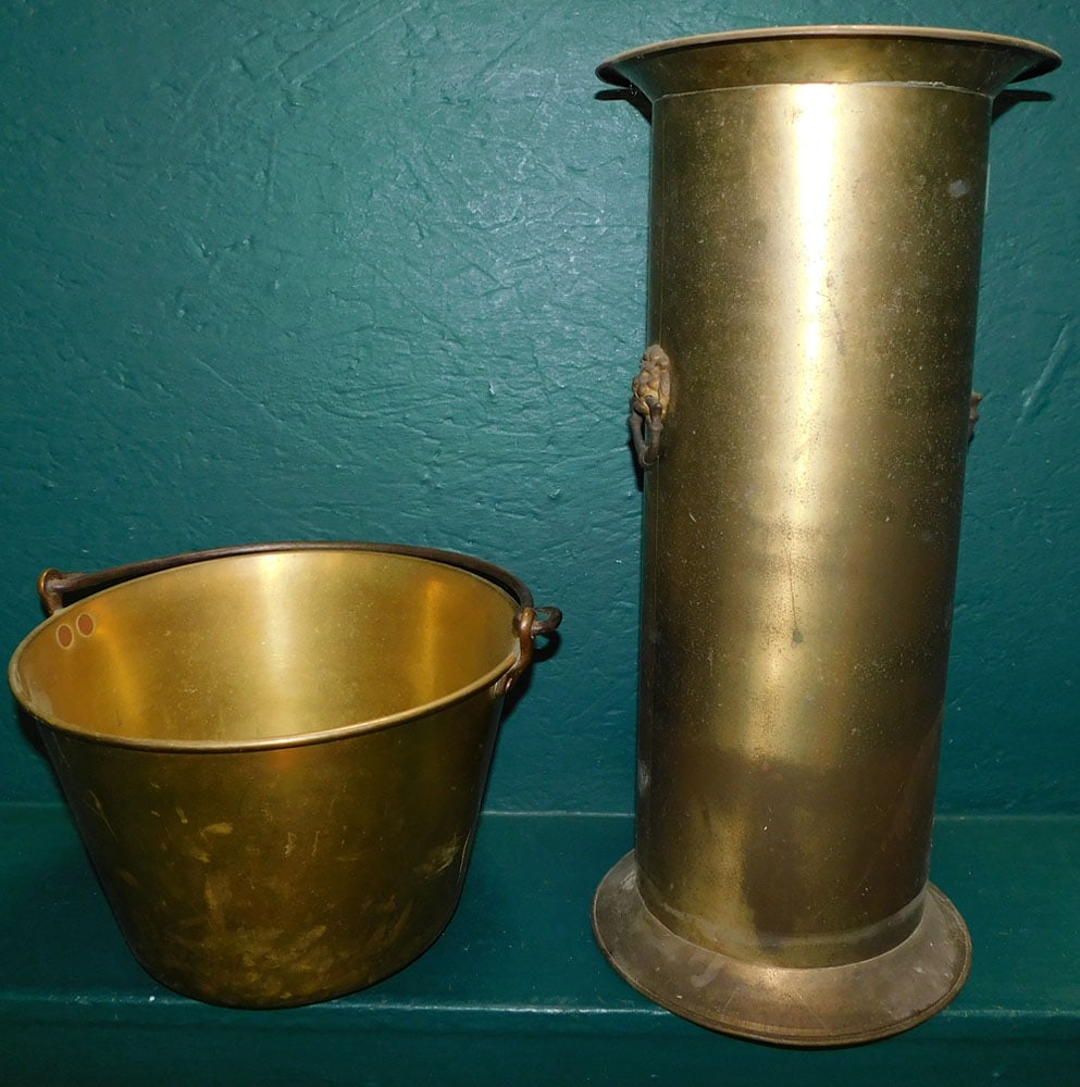 Antique Brass Umbrella Stand & Jelly Bucket: Antique Brass Umbrella Stand & Jelly Bucket. 21" H ALL DESCRIPTIONS AND ANY CONDITION STATEMENT GIVEN BY LANGSTON AUCTION GALLERY ARE STRICTLY OPINIONS AND LANGSTON'S SHALL HAVE NO RESPONSIBILITY FOR 
