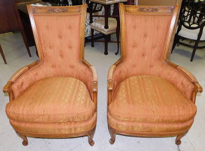 Pair Walnut Carved Upholstered Arm Chairs By Henredon: Pair Walnut Carved Upholstered Arm Chairs By Henredon. 42" H ALL DESCRIPTIONS AND ANY CONDITION STATEMENT GIVEN BY LANGSTON AUCTION GALLERY ARE STRICTLY OPINIONS AND LANGSTON'S SHALL HAVE NO RESPONSIB