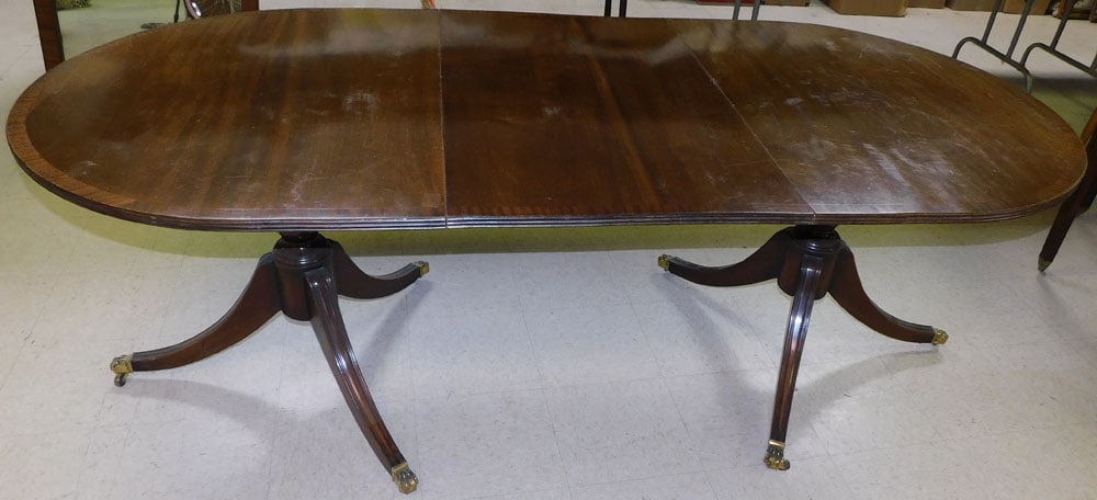 Antique Mahogany Two Pedestal Banded Top Dining Table With One Leaf (1 of 6)