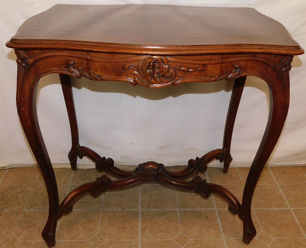 Antique Walnut Carved Stretcher Base One Drawer Table (1 of 7)