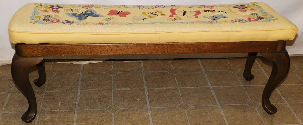 Mahogany Queen Anne Style Needlepoint Upholstered Bench (1 of 4)