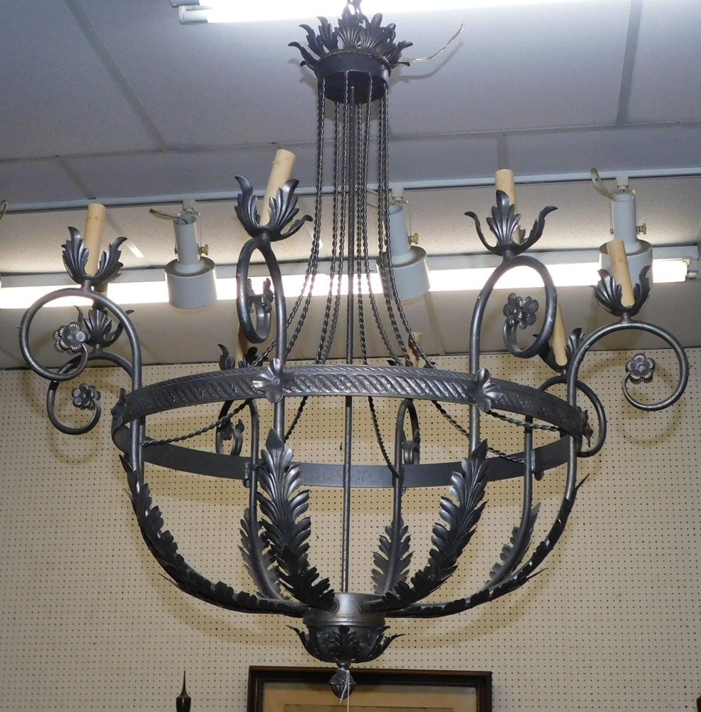 Painted Metal 8 Light Chandelier: Painted Metal 8 Light Chandelier. 39" H ALL DESCRIPTIONS AND ANY CONDITION STATEMENT GIVEN BY LANGSTON AUCTION GALLERY ARE STRICTLY OPINIONS AND LANGSTON'S SHALL HAVE NO RESPONSIBILITY FOR ERRORS OR O