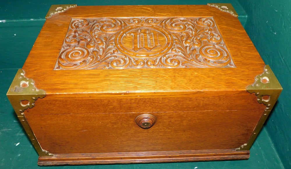 Antique Tiger Oak Carved Brass Bound Box (1 of 5)