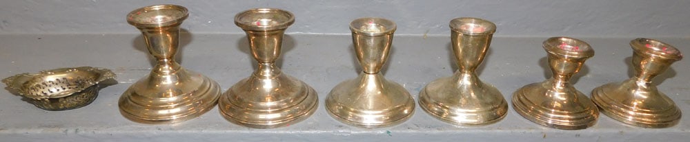 Lot Six Sterling Weighted Candle Sticks & One Sterling Nut Dish (1 of 6)
