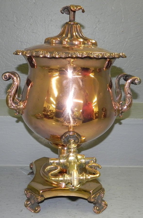 Copper and brass hot water kettle. 17" tall.: Copper and brass hot water kettle. 17" tall.