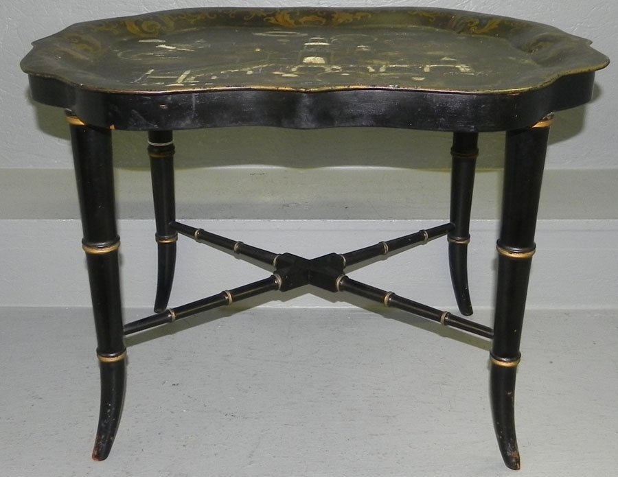 Mother of pearl and Tole tray on stand.: Mother of pearl and Tole tray on stand with Oriental influence. 25" x 19" x 18 1/4" tall.