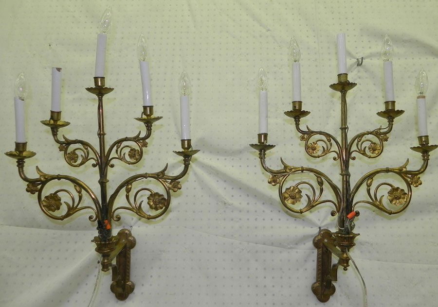 Pr. cast brass Victorian wall sconces w/electrific: Pair of cast brass five light Victorian wall sconces with later electrification. 28" tall.