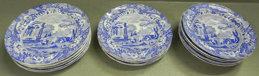 18 blue & white Copeland Spode plates & bowls.: (18) blue and white Copeland Spode plates and soup bowls.