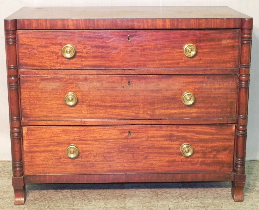 Biscuit corner 3 drawer Sheraton mahogany desk: Biscuit corner 3 drawer Sheraton mahogany desk with original hardware and feet. 39" wide x 20 1/2" deep x 31" tall.
