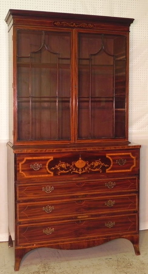 19th c. mahog. HW inlaid butlers desk secretary.: 19th century mahogany Hepplewhite inlaid butlers desk secretary with satinwood interior. 48 1/4" wide x 21" deep x 91" tall.