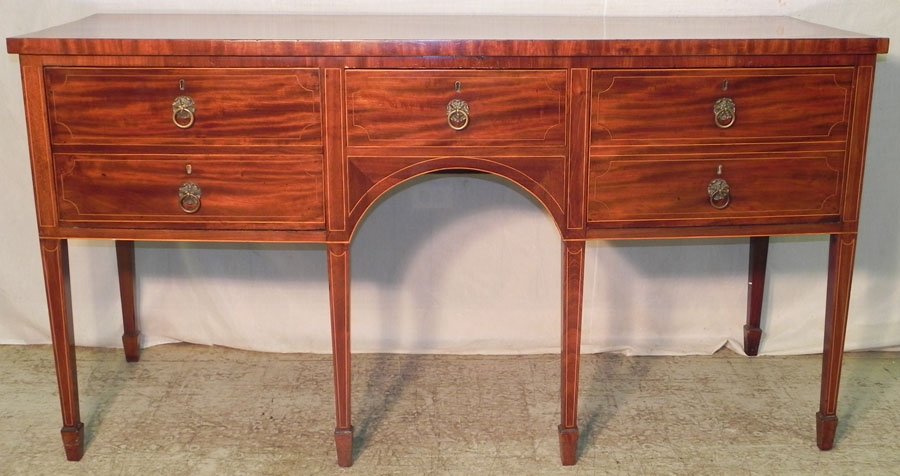19th c. rosewood banded Hepplewhite sideboard: 19th century mahogany rosewood banded Hepplewhite sideboard with cellaret drawer. 70 5/8" wide x 26 1/4" deep x 37 1/4" tall.