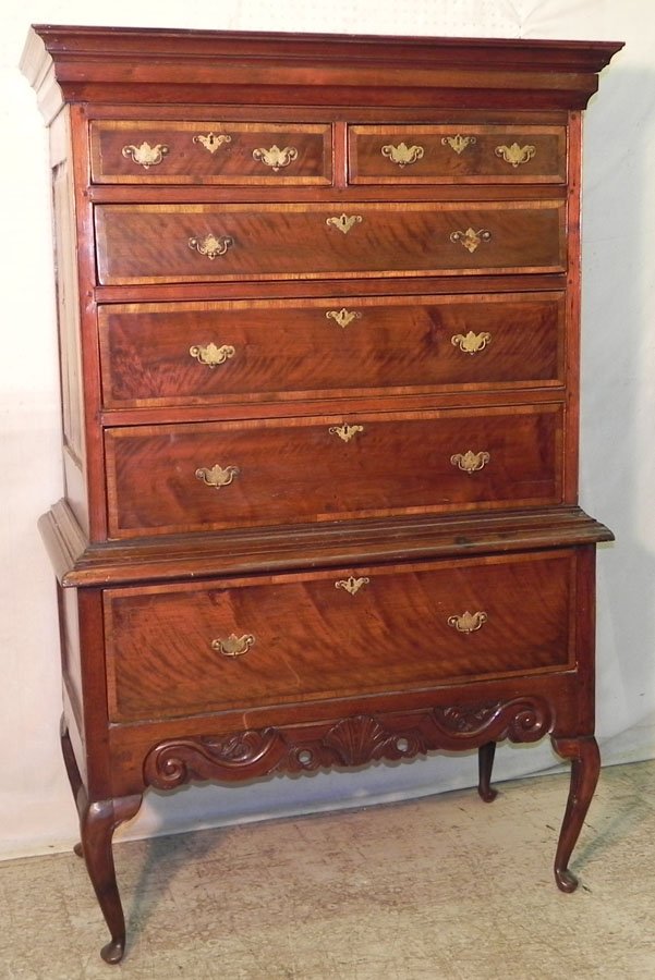 18th c. burl walnut banded highboy.: 18th century burl walnut banded highboy. 44 1/2" wide x 23 1/2" deep x 70 3/4" tall.