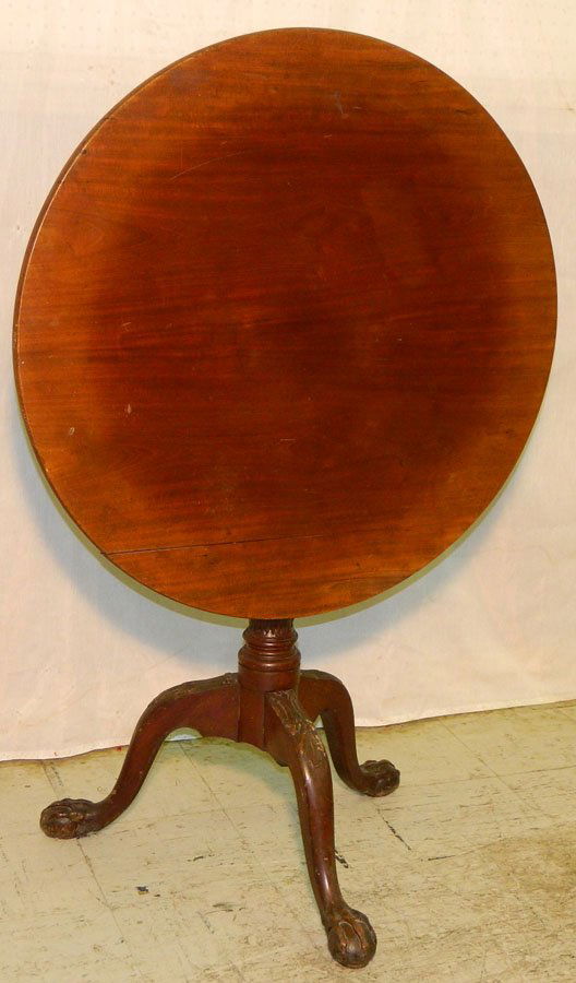 18th c. mahog. claw foot bird cage tilt top table: 18th century mahogany claw foot bird cage tilt top table. 30" diameter.