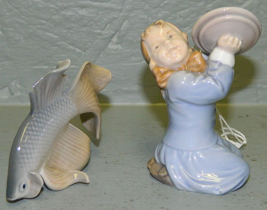 (2) Capodimonte figurines of fish,& small girl.: (2) Capodimonte figurines, one of a fish, other is small girl with tambourine. 21/2" to 3 1/2" tall.