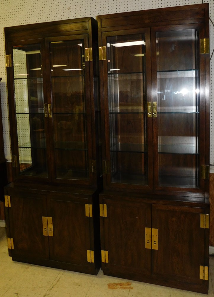 Pair Modern Campaign Style Lighted Curio Cabinets By Henredon (1 of 5)