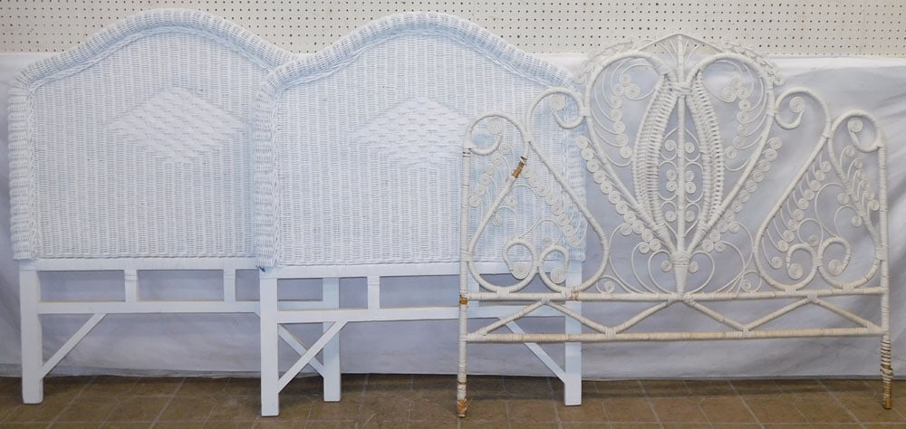 Two Wicker Twin Headboards & Double Headboard: Two Wicker Twin Headboards & Double Headboard. 53 1/2" W 47 1/2" HALL DESCRIPTIONS AND ANY CONDITION STATEMENT GIVEN BY LANGSTON AUCTION GALLERY ARE STRICTLY OPINIONS AND LANGSTON'S SHALL HAVE NO RESP