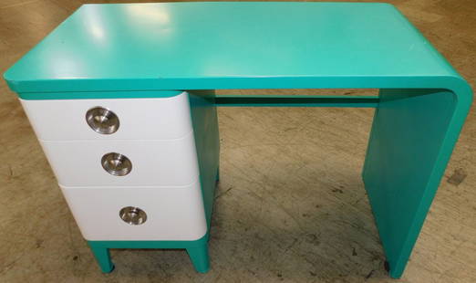 Mid Century Modern Painted Desk - Norman Bel Geddes: Mid Century Modern Painted Desk - Norman Bel Geddes . 42" W 21" D 30" HALL DESCRIPTIONS AND ANY CONDITION STATEMENT GIVEN BY LANGSTON AUCTION GALLERY ARE STRICTLY OPINIONS AND LANGSTON'S SHALL HAVE