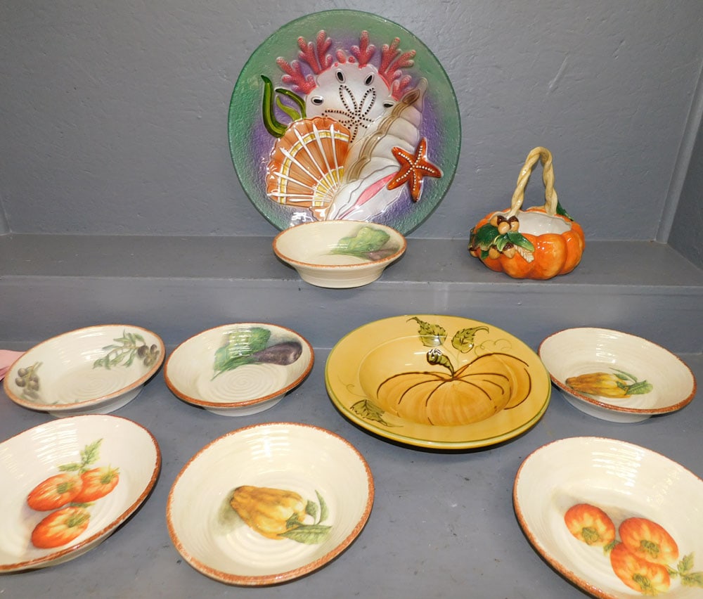 Large Modern Glass Bowl, Porcelain Basket, & Porcelain Bowls (1 of 5)