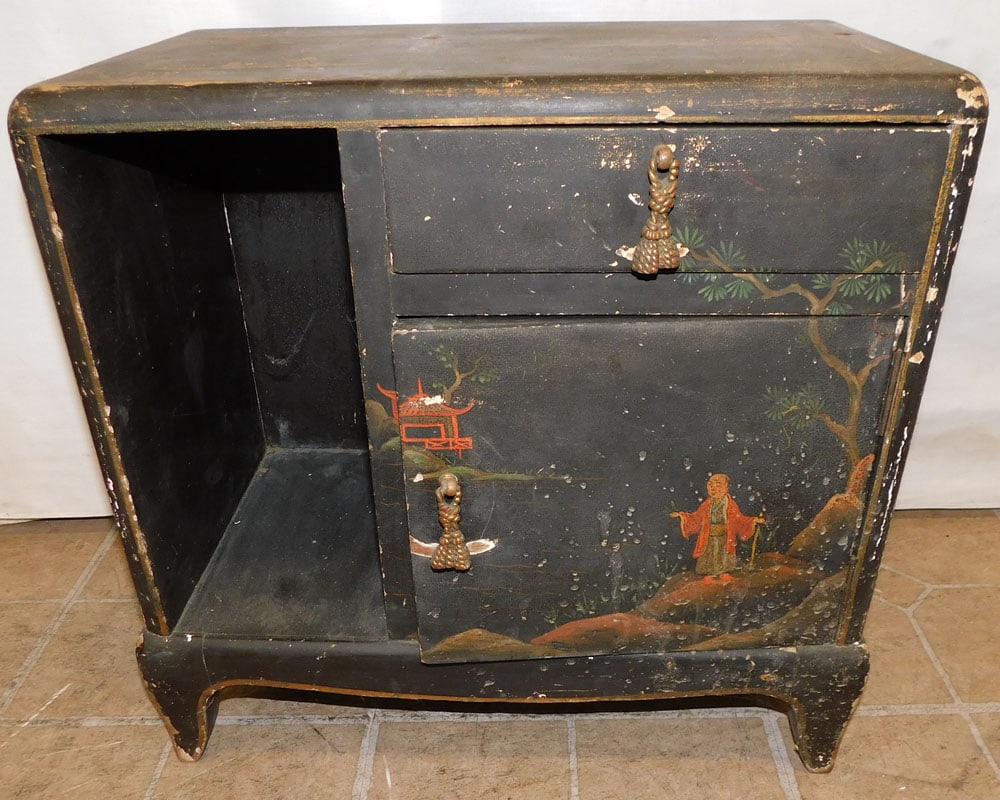 Antique Black Lacquered Oriental Paint Decorated Table Top Smoking Cabinet (1 of 6)