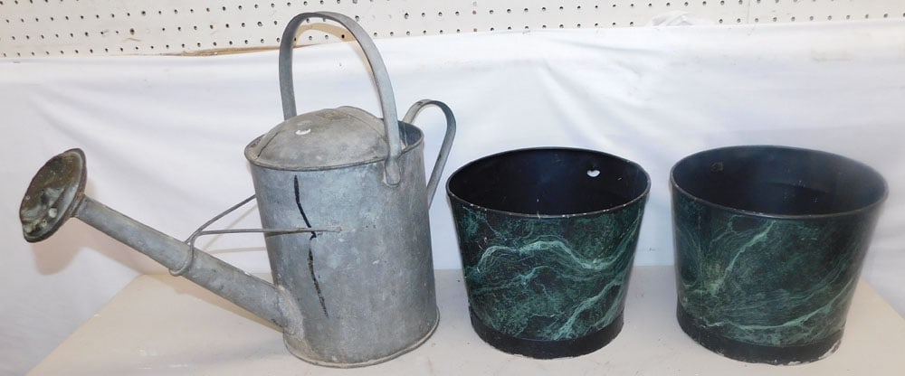 Antique Galvanized Watering Can & Two Tole Painted Pots (1 of 2)