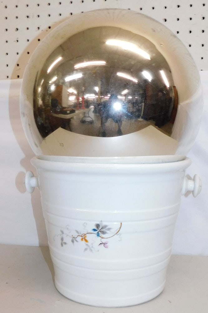Large Mercury Glass Globe Top & Porcelain Champagne Bucket: Large Mercury Glass Globe Top & Porcelain Champagne Bucket. 9 1/4" H ALL DESCRIPTIONS AND ANY CONDITION STATEMENT GIVEN BY LANGSTON AUCTION GALLERY ARE STRICTLY OPINIONS AND LANGSTON'S SHALL HAVE NO R