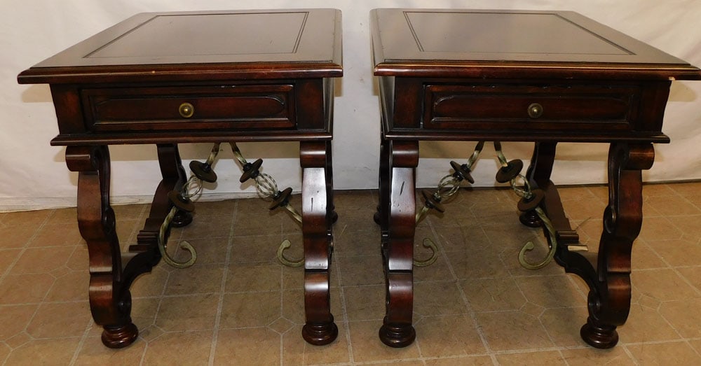 Pair of Cherry & Wrought Iron Stretcher Base End Tables by Lane (1 of 7)