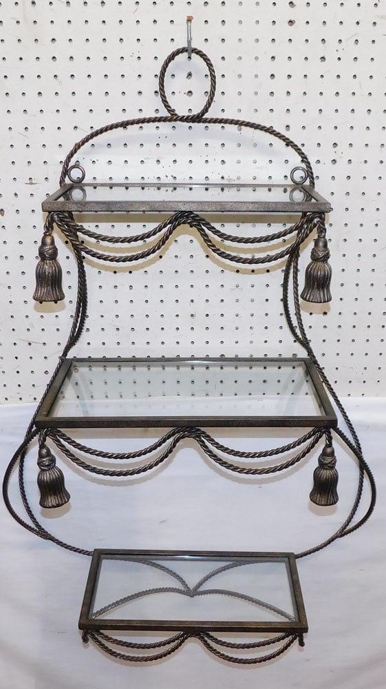 Painted Metal & Glass Wall Shelf: Painted Metal & Glass Wall Shelf . 25" W 38" H ALL DESCRIPTIONS AND ANY CONDITION STATEMENT GIVEN BY LANGSTON AUCTION GALLERY ARE STRICTLY OPINIONS AND LANGSTON'S SHALL HAVE NO RESPONSIBILITY FOR ERRO