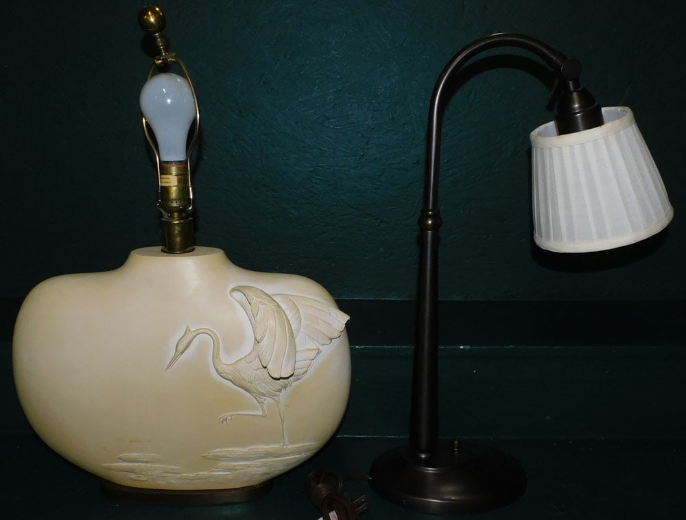 Modern Metal Lamp & Resin Lamp with Crane Motif: Modern Metal Lamp & Resin Lamp with Crane Motif. Up to 24" H ALL DESCRIPTIONS AND ANY CONDITION STATEMENT GIVEN BY LANGSTON AUCTION GALLERY ARE STRICTLY OPINIONS AND LANGSTON'S SHALL HAVE NO RESPONSIB