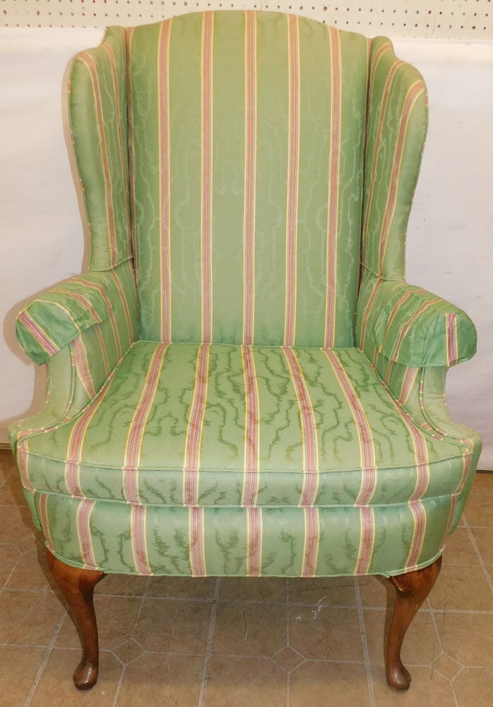 Upholstered Queen Anne Style Wing Back Chair: Upholstered Queen Anne Style Wing Back Chair . 44 1/2" H ALL DESCRIPTIONS AND ANY CONDITION STATEMENT GIVEN BY LANGSTON AUCTION GALLERY ARE STRICTLY OPINIONS AND LANGSTON'S SHALL HAVE NO RESPONSIBILIT