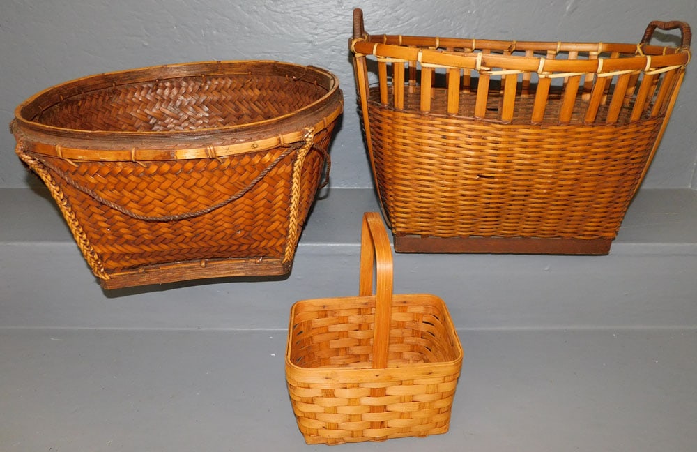 Three Baskets: Three Baskets. Up to 16 1/2" Dia. 9 1/4" H ALL DESCRIPTIONS AND ANY CONDITION STATEMENT GIVEN BY LANGSTON AUCTION GALLERY ARE STRICTLY OPINIONS AND LANGSTON'S SHALL HAVE NO RESPONSIBILITY FOR ERRORS O