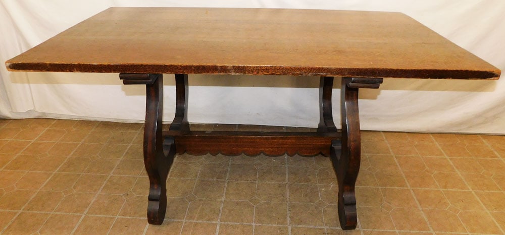 Walnut Trestle Table: Walnut Trestle Table. 60 3/4" W 36 1/4" D 30 1/2" H ALL DESCRIPTIONS AND ANY CONDITION STATEMENT GIVEN BY LANGSTON AUCTION GALLERY ARE STRICTLY OPINIONS AND LANGSTON'S SHALL HAVE NO RESPONSIBILITY FOR