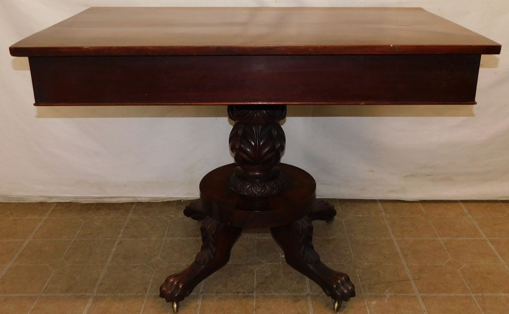 19th Century Mahogany Carved Pedestal Console: 19th Century Mahogany Carved Pedestal Console . 41" W 24 3/4" D 29" H ALL DESCRIPTIONS AND ANY CONDITION STATEMENT GIVEN BY LANGSTON AUCTION GALLERY ARE STRICTLY OPINIONS AND LANGSTON'S SHALL HAVE NO 