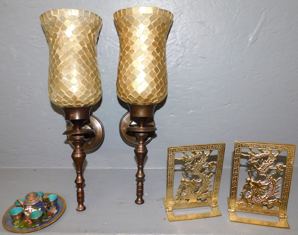Pair of Brass Bookends, Brass Sconces, & Miniature Cloisonne Tea Set (1 of 3)