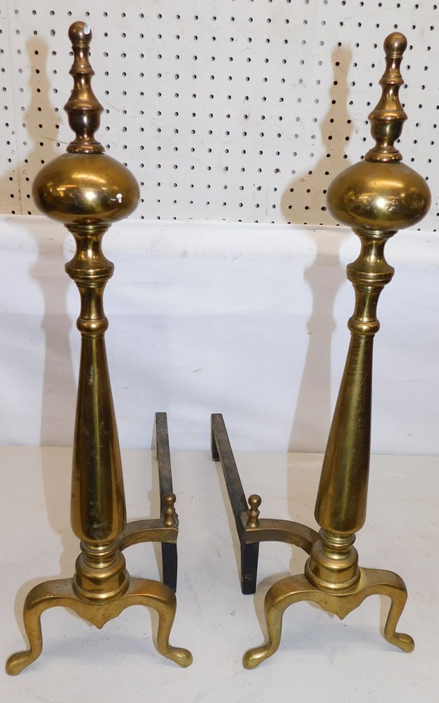 Pair Brass Andirons: Pair Brass Andirons. 24" HALL DESCRIPTIONS AND ANY CONDITION STATEMENT GIVEN BY LANGSTON AUCTION GALLERY ARE STRICTLY OPINIONS AND LANGSTON'S SHALL HAVE NO RESPONSIBILITY FOR ERRORS OR OMISSIONS. THE
