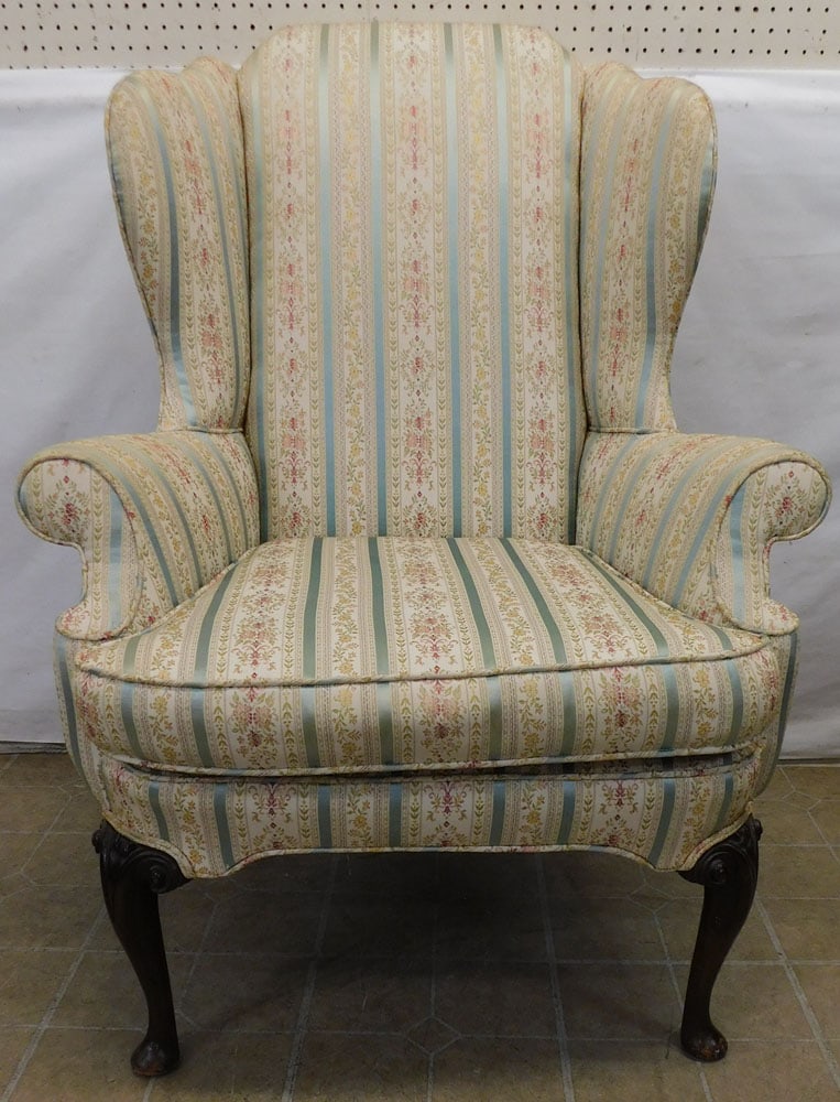 Upholstered Wing Back Chair: Upholstered Wing Back Chair. 44 3/4" HALL DESCRIPTIONS AND ANY CONDITION STATEMENT GIVEN BY LANGSTON AUCTION GALLERY ARE STRICTLY OPINIONS AND LANGSTON'S SHALL HAVE NO RESPONSIBILITY FOR ERRORS OR OMI