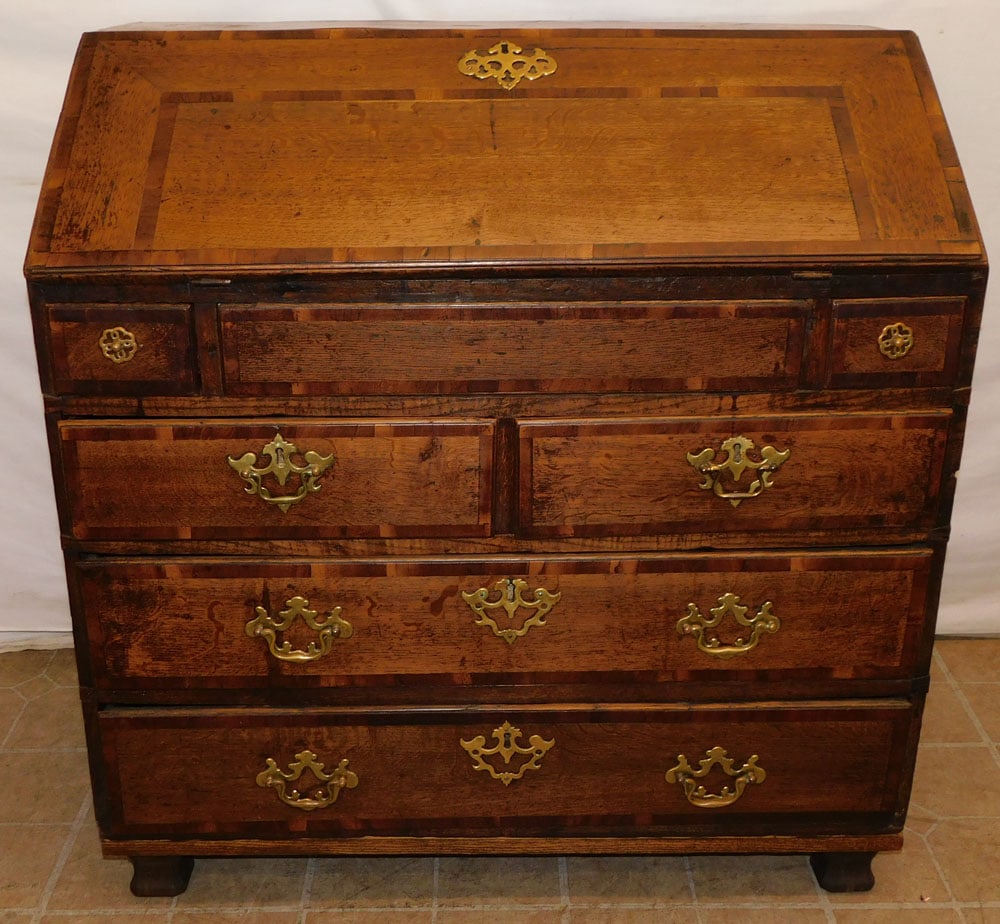 19th C English Oak & Mahogany Inlay Slant Front Desk With Deep Well Interior (1 of 6)