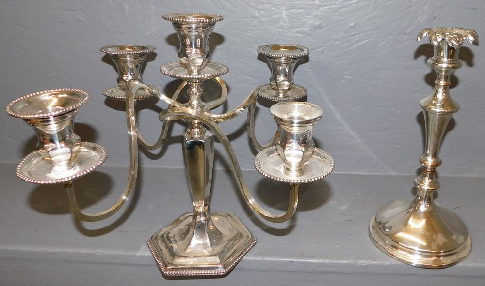 Silverplated Candelabra & Sheffield Candlestick (1 of 2)