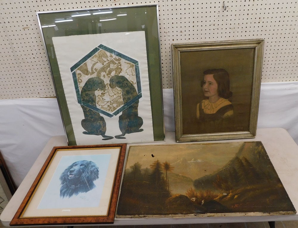 Framed Collage - Oil On Canvas Portrait - Antique Oil On Canvas (As Is) - Framed Print Of Dog (1 of 15)