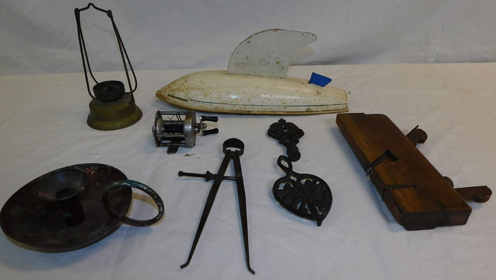 Lot Vintage Metal Toy Boat - Wood Plane - Oil Lamp - Fishing Reel - Tin Candlestick (1 of 4)
