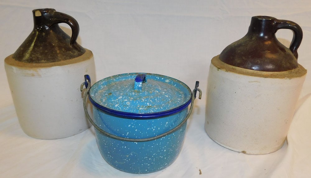 Lot Enameled Pot - Two Stoneware Whiskey Jugs (1 of 1)