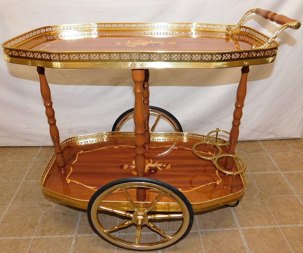 Walnut Inlaid & Brass 2 Tier Rolling Bar Cart (1 of 5)