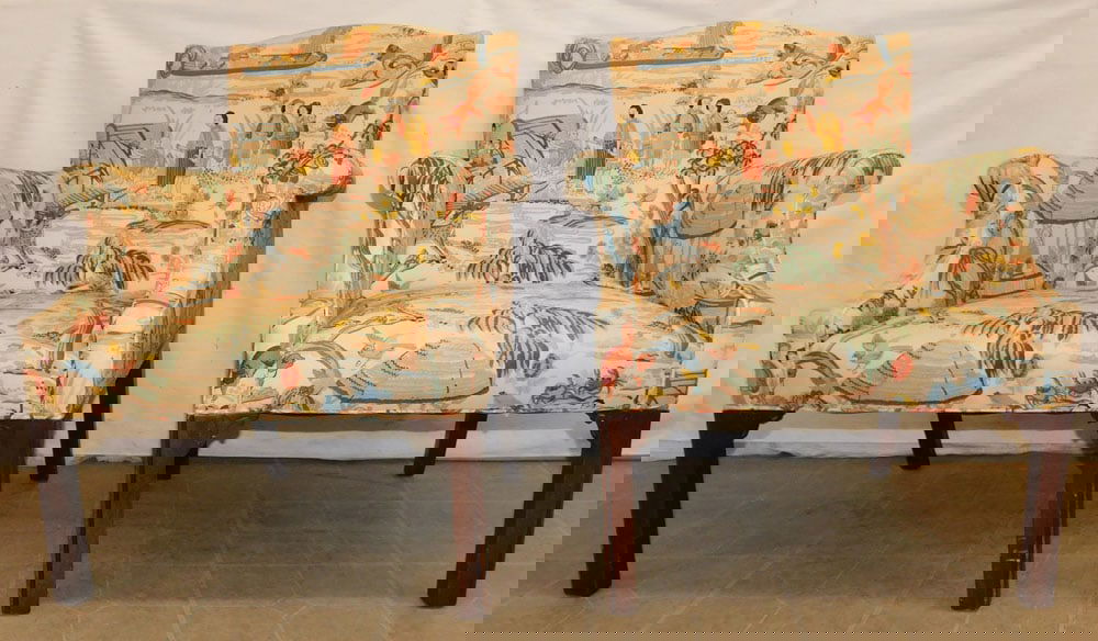 Pair of Mahogany Chippendale Style Arm Chairs with Oriental Motif Upholstery (1 of 4)